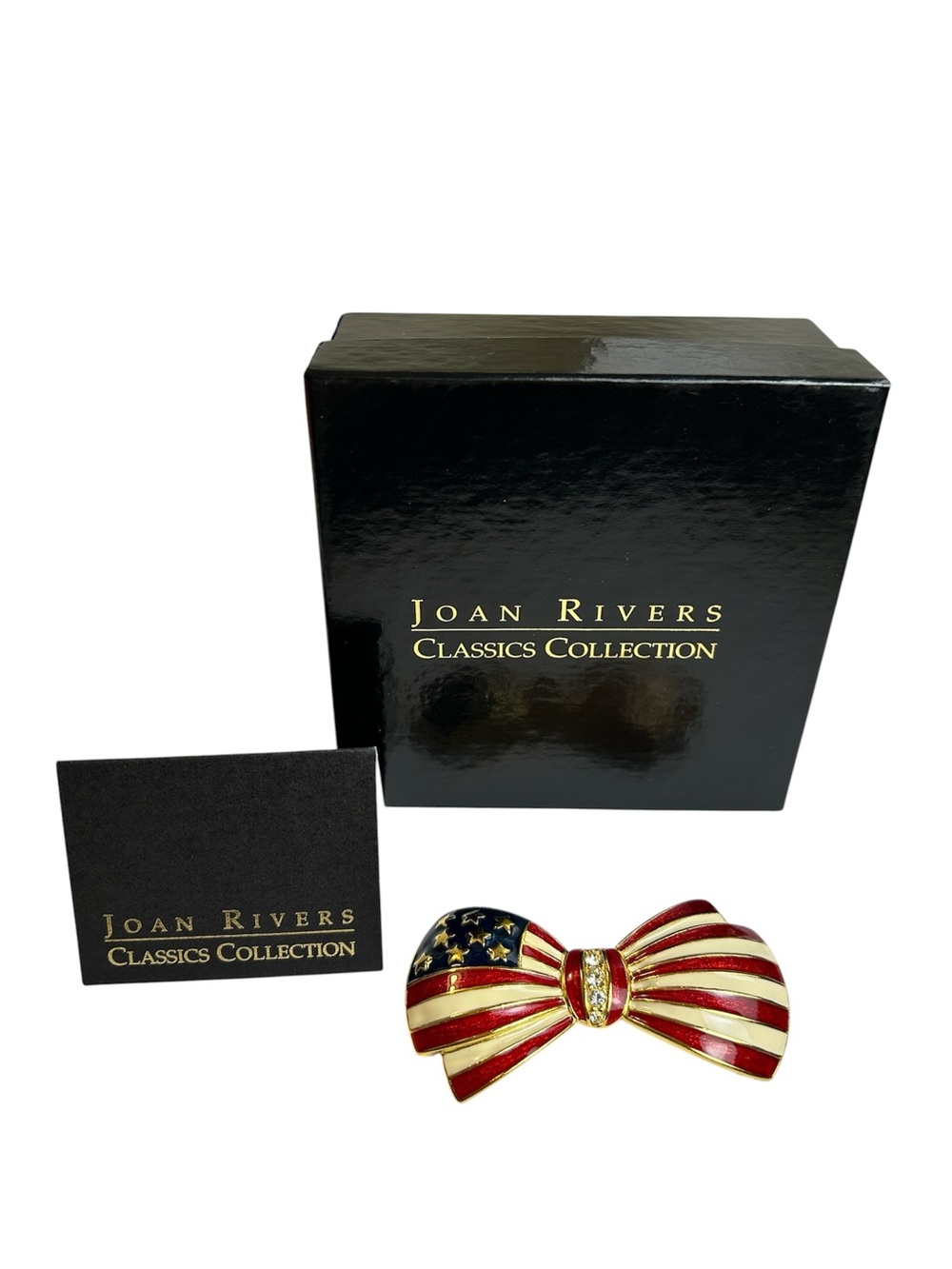 NIB VTG Joan Rivers USA Flag Red White Blue Enamel Rhinestone Bow Brooch Pin
